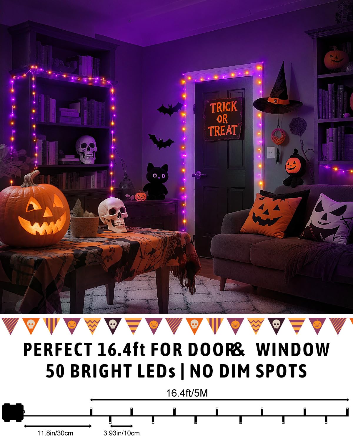 Kelumi Halloween String Lights, 50 LED, 16.4ft, Battery Operated, Waterproof, Orange & Purple