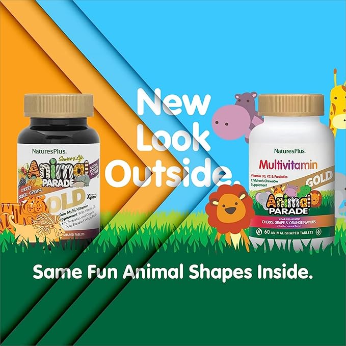 Natures Plus Animal Parade Gold Children's Multivitamin - Assorted Cherry, Orange & Grape Flavors - 60 Chewable Tablets, Pack of 2 - Vegetarian, Gluten Free - 60 Total Servings