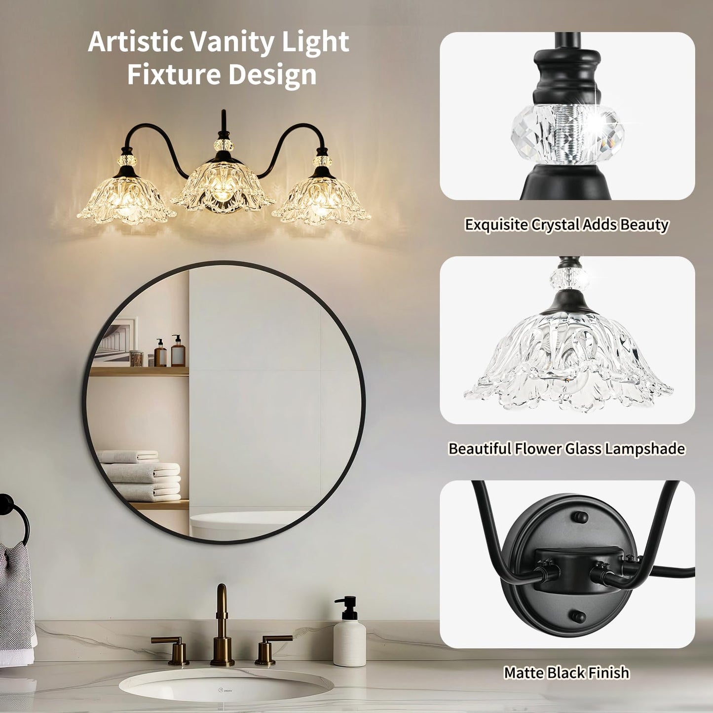 Black Bathroom Vanity Light 3-Light Vanity Light With Crystal Glass Shades Vintage Farmhouse Vanity Lighting For Bathroom And Dressing Table