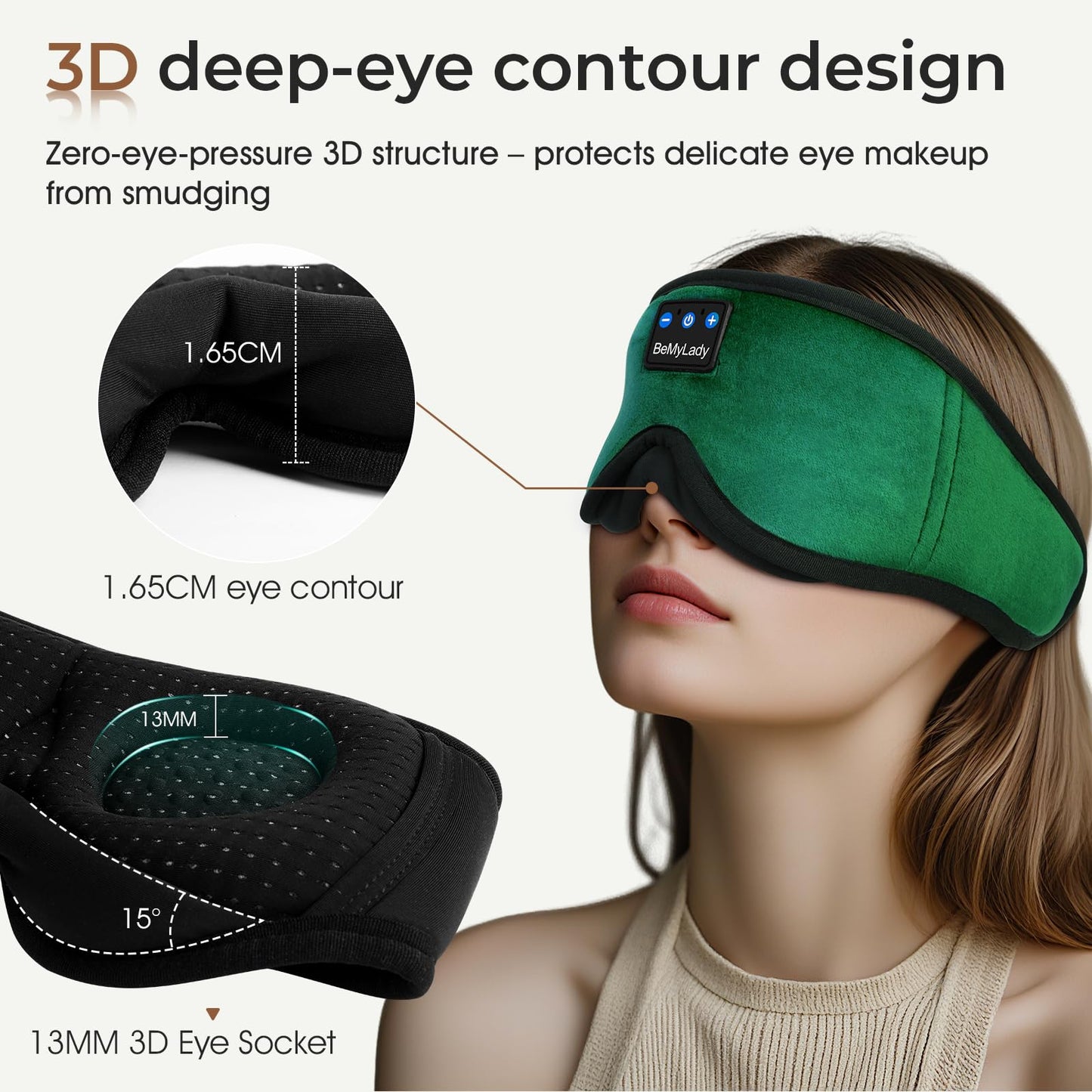 BeMyLady Sleep mask Headphones,100% Blackout 3D Zero Eye Pressure Bluetooth Sleep mask Breathable Eye mask with Bluetooth Headphones Sleep Headphones for Side Sleepers 14H Playtime&Bluetooth 5.4 Green