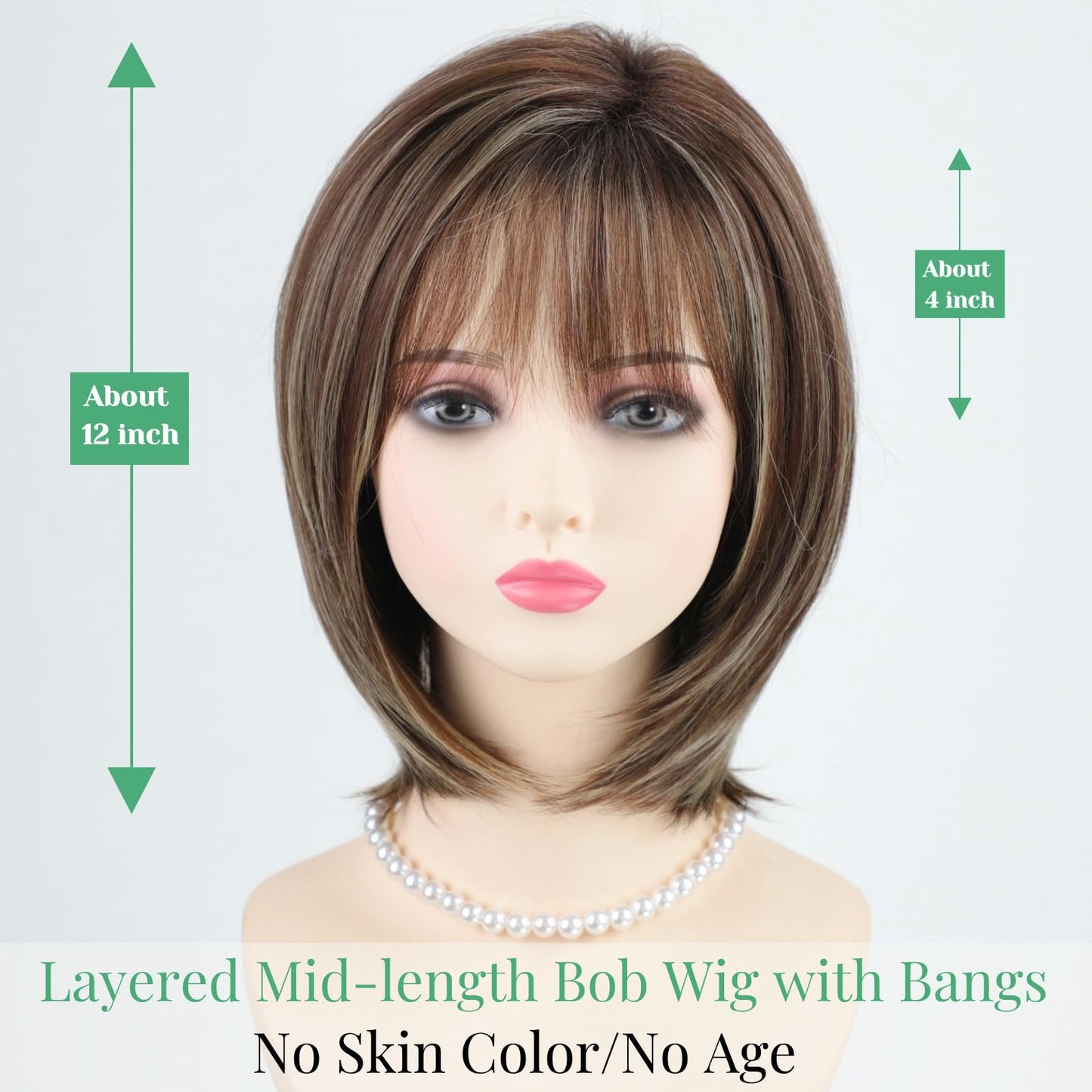 RENERSHOW Ombre Brown with Blonde Highlights Layered Bob Wig with Bangs Medium Length Straight Bob Wigs for Women 12inch Synthet