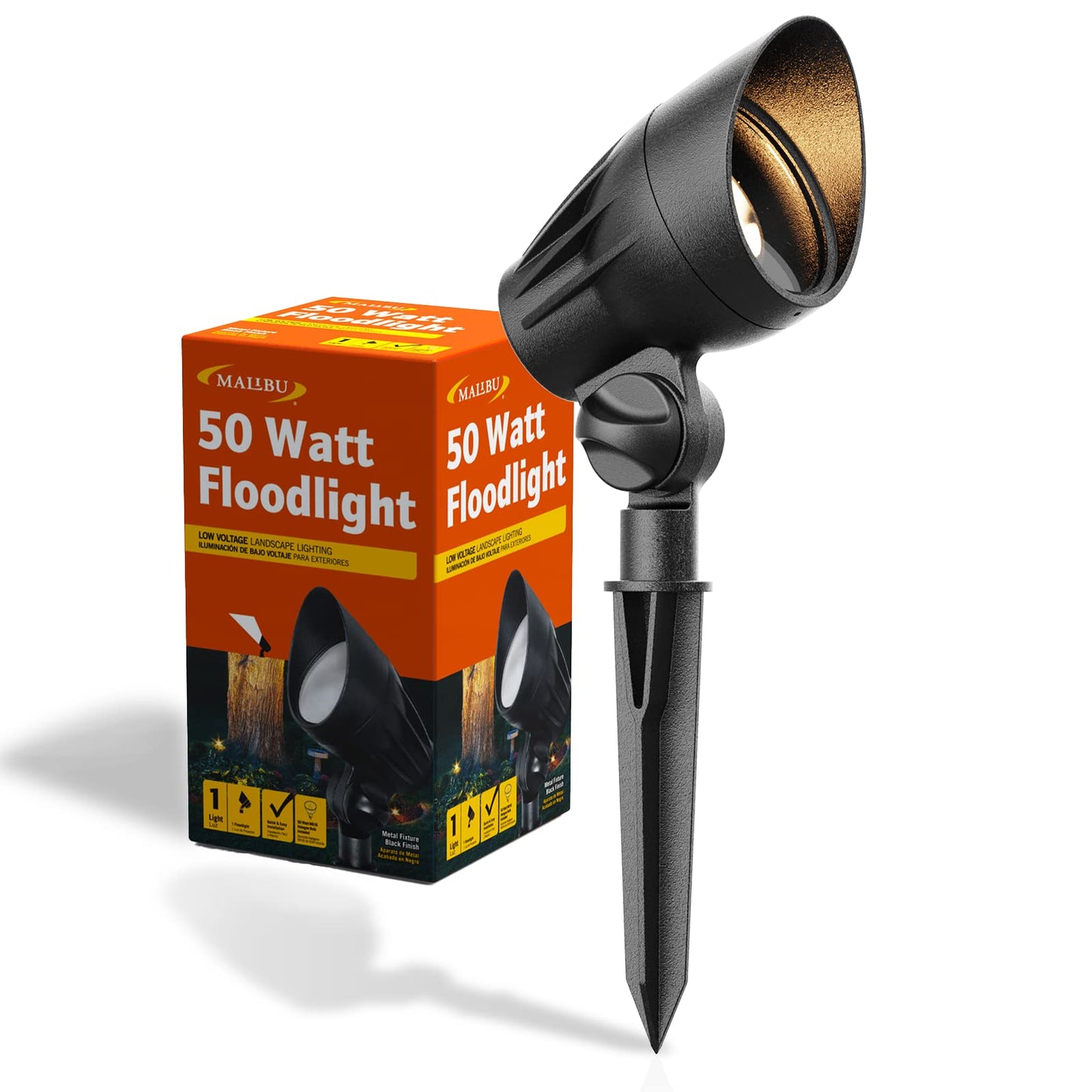 Malibu 50 Watt Floodlight Landscape Light, Black, Low Voltage, Waterproof, 6IN x 3.5IN x 5.9IN, Model 8301-9601-