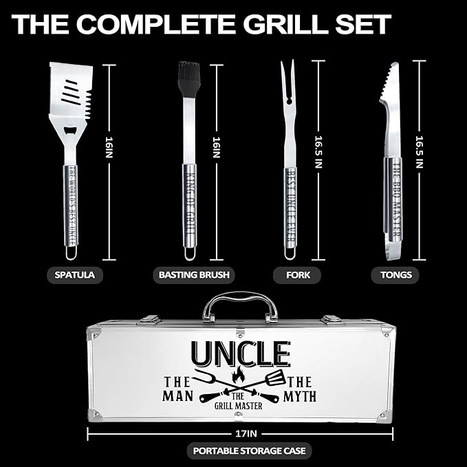 Uncle Gifts, Uncle Gifts from Niece/Nephew Heavy Duty Grilling Accessories Kit for Backyard BBQ, Thick Stainless Steel Grill Utensils with Non-Slip Handle Tool for Man on Birthday Fathers Day