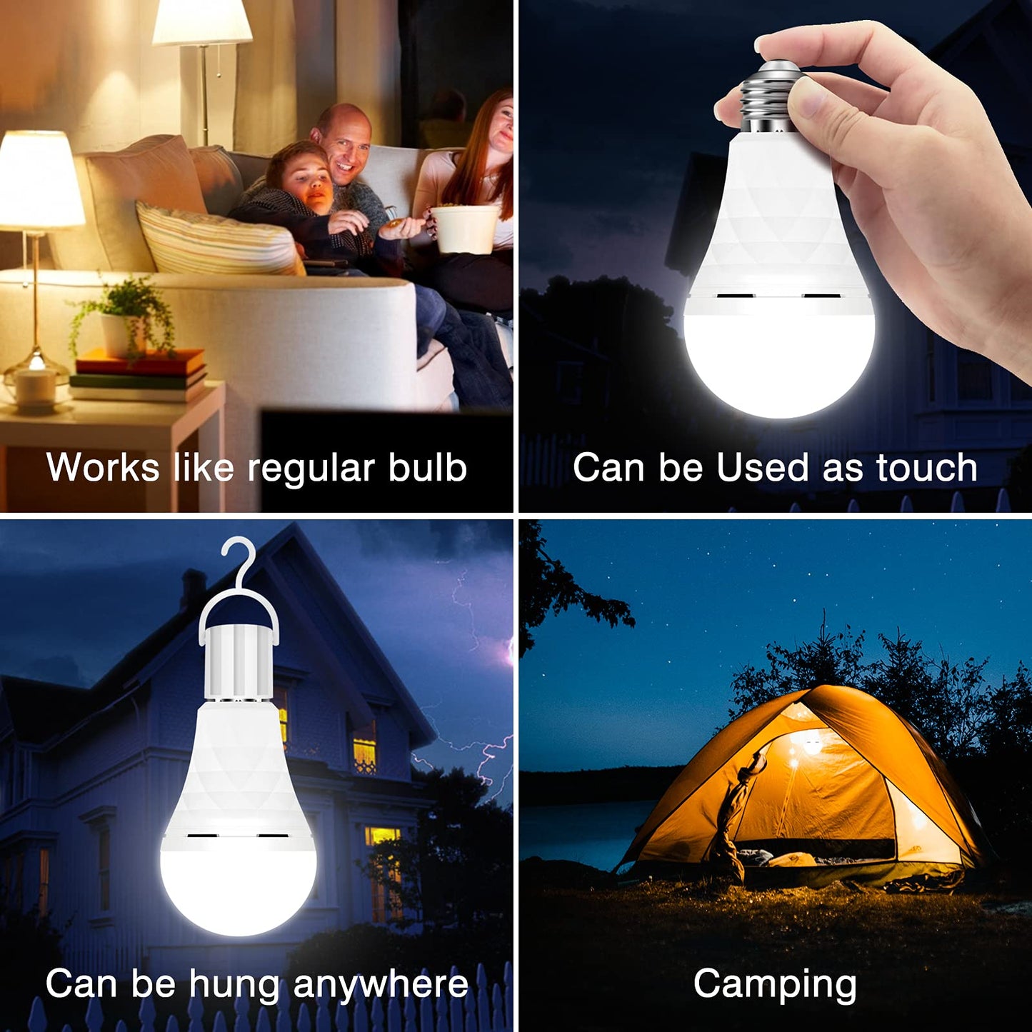 BoRccdit A19 Rechargeable Light Bulbs, 12W LED, 1200mAh, E26/E27, 5000K Daylight, 3 Count, ABS Material