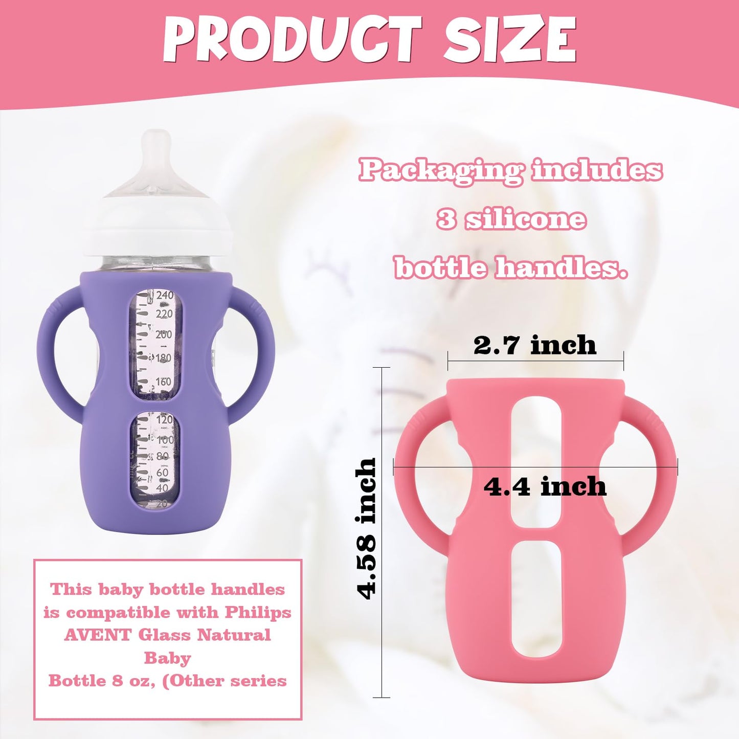 3 Pack Silicone Sleeves with Handles for Avent Natural Glass Baby Bottles, Anti Breakage Baby Bottle Holder, Compatible Philips Avent Glass Natural Baby Bottles 8 oz
