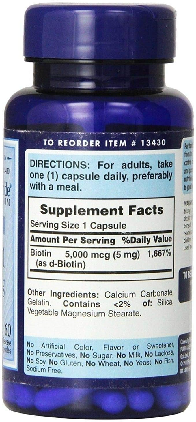 Puritan's Pride BIOTIN 5000 mcg Ultra Strength 60 Capsules Skin Hair Nail Health
