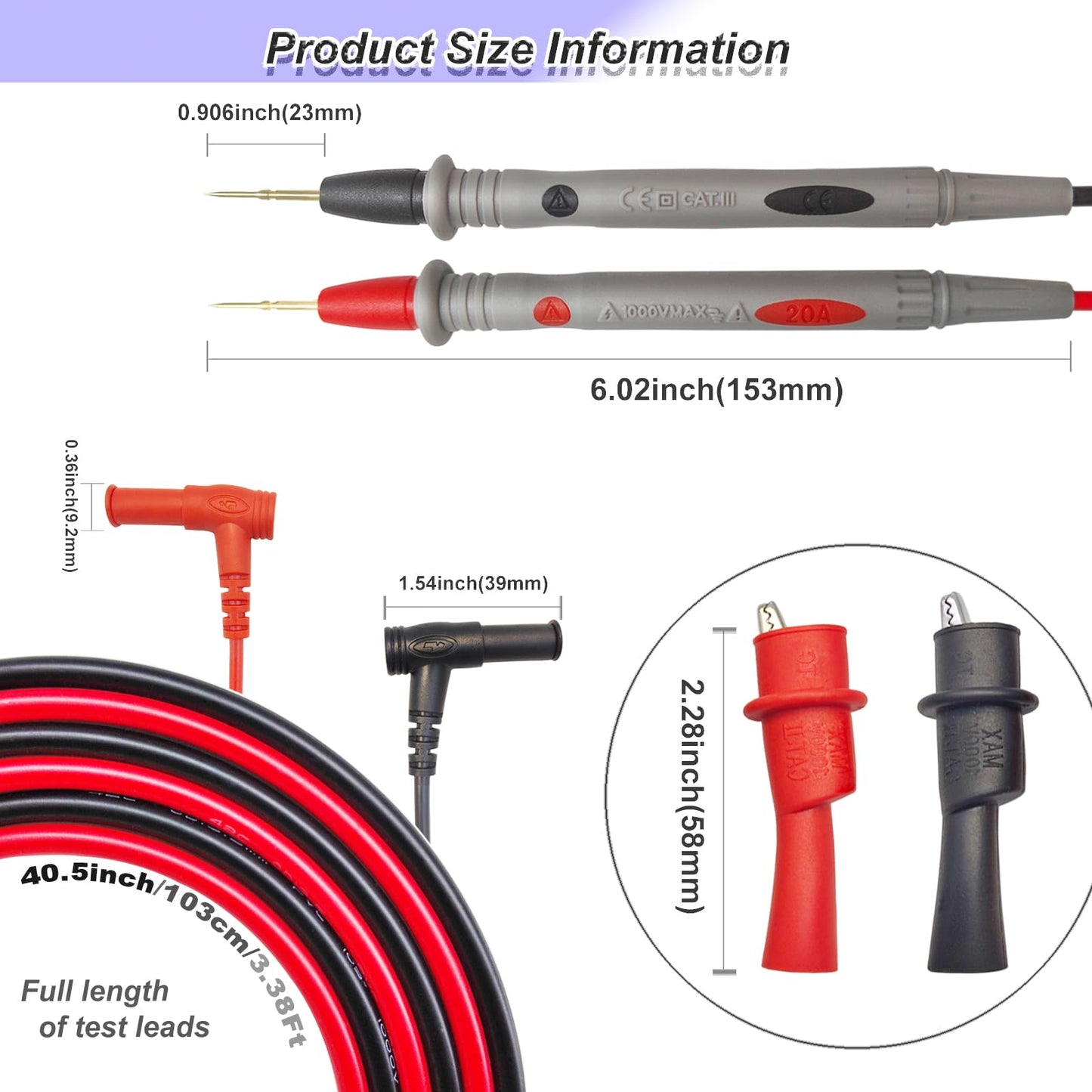 Eiranoly Professional Multimeter Test Leads 1000V 20A, 40.5in, Test Leads Kit, Ultra-Sharp Gold-Plated Probes, Silicone Meter Leads for Fluke, AstroAI, Klein Multimeter & Automotive Testing (Upgraded)