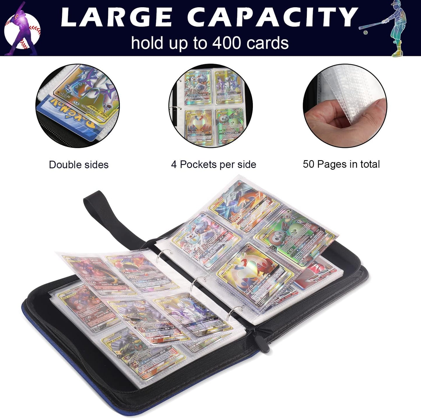 Baseball Card Binder,2024-2025 Sports Trading Card with Sleeves Holder Album,400 Pockets Baseball Card Holder Sheets Display Storage Protectors for Collectors Boys and Girls Gift,Blue