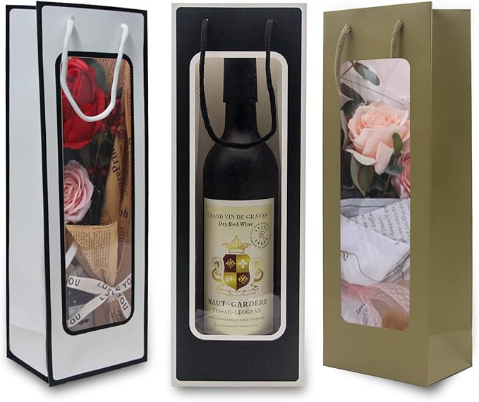 WAKAKO 12 Pcs Wine Gift Bags for Wine Bottles, Reusable Clear Window Wine Bottle Bags Bulk with Handles for Weddings, Valentine's Day, Birthday, Party, Graduations, Thanksgiving (gold)