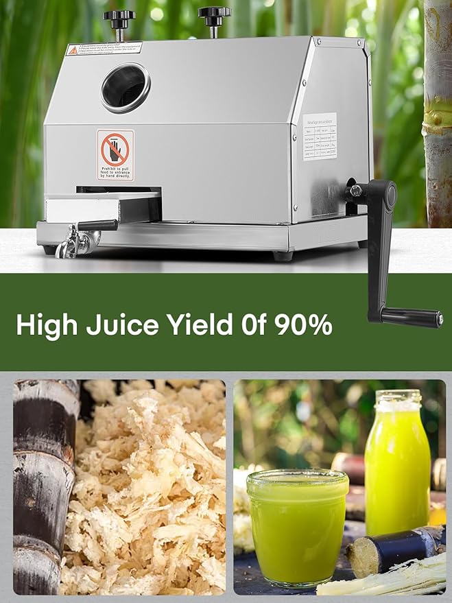 FOHERE Commercial Sugarcane Juicer, 110LBS/H High Output Sugar Cane Press with 3 Stainless Steel Rollers, 2.4" Large Inlet, Manual Sugarcane Juice Extractor Squeezer for Home/Commercial Use