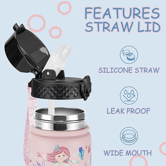 GOPPUS Kids Water Bottle (Straw Lid) - 14 Oz Stainless Steel Travel Bottle, Double Wall Vacuum Leak Proof Kids Cup for School Boys Girls,Happy Mermaids