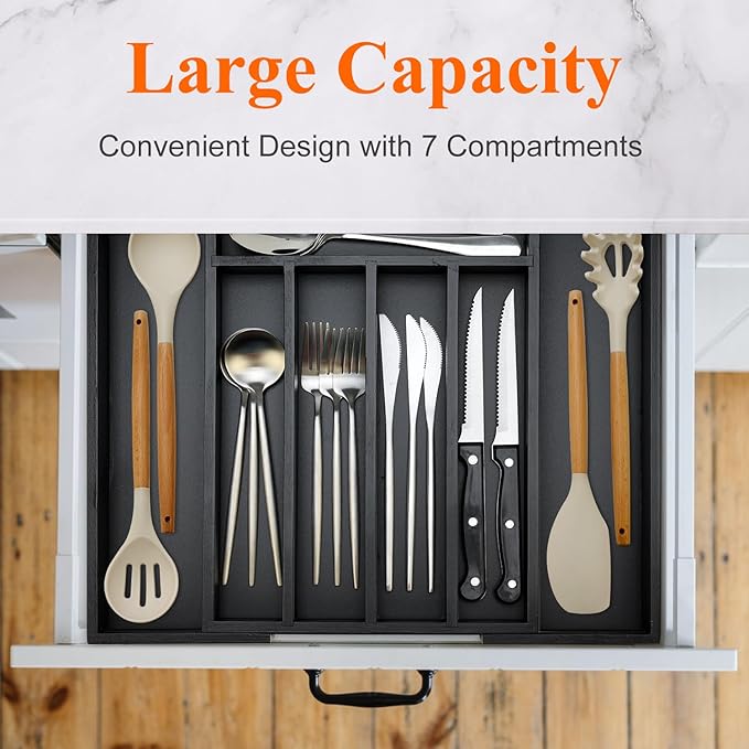 Black Bamboo Kitchen Silverware Organizer Tray Expandable Large Utensil Holder Drawer Divider Organizers Storage Adjustable Cutlery Utensil Tray Spoon Holder Wooden Flatware Organizer for Drawer