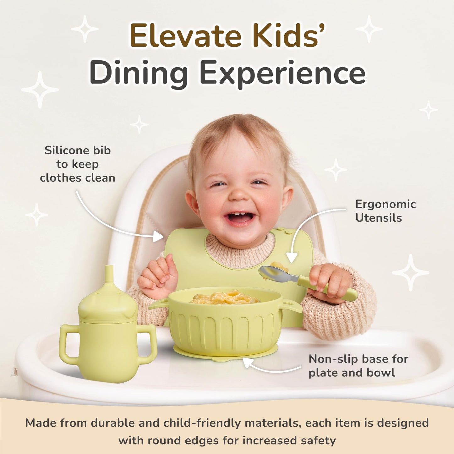 mimi & kiki BPA-Free Silicone Baby Feeding Set, Baby Plates and Bowls Set, Baby Led Weaning Supplies, Silicone Suction Plate, Baby Utensils, Bib and Cup, Self Feeding, Dishwasher Safe (Yellow)