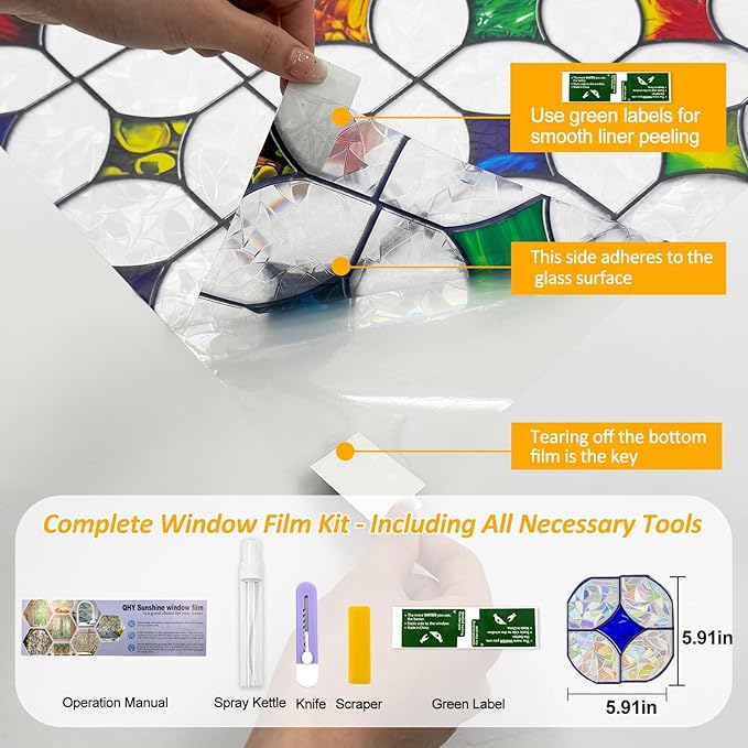 QHY Sunshine Colorful Rainbow Stained Glass Window Film Non-Adhesive Window Privacy Film Reusable Decorative for Room (Rainbow Mosaic, 17.5 X 78.7 in)