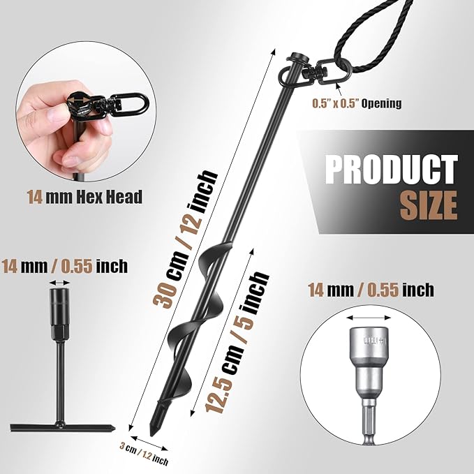 Reginary 12 Inch Tent Stakes Heavy Duty Screw in Ground Anchors High Wind Camping Stakes for Trampoline Canopy Carport Sheds Anchor Beach Sand Stakes Metal Swing Set(Black,24 Pcs)