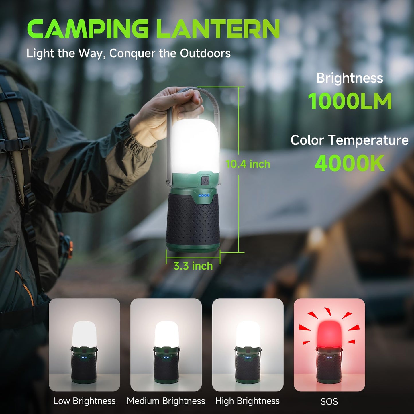 BOBKID 4 in 1 Modular Camping Lantern, LED Flashlight & Fan, 4400mAh Power Bank, IPX4 Waterproof, Green, Model WTC1003