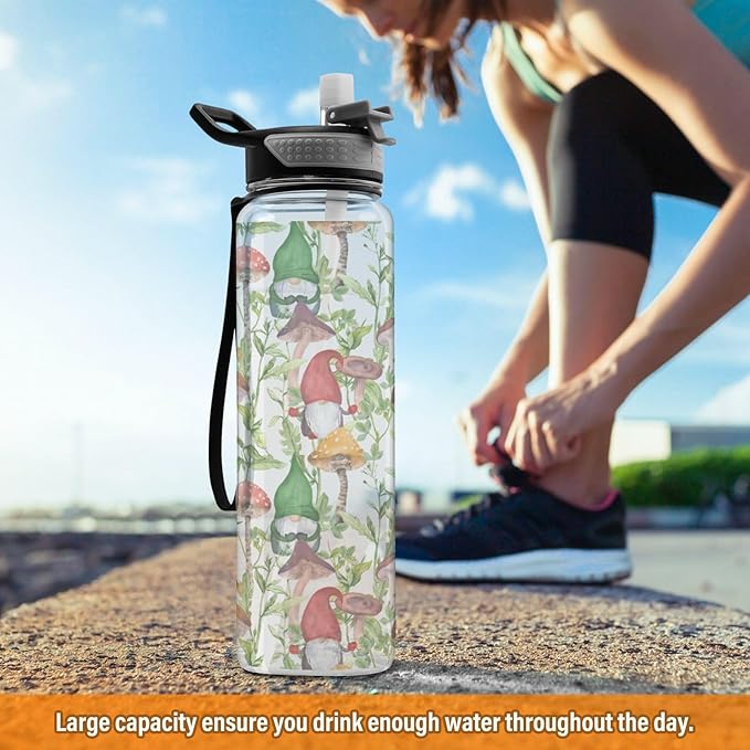 Kigai Mushroom Gnome Clear Water Bottle with Straw Lid, BPA-Free Leakproof Sport Water Bottle 32oz Large Gym Water Jug for Men Women Travel Fitness Outdoor