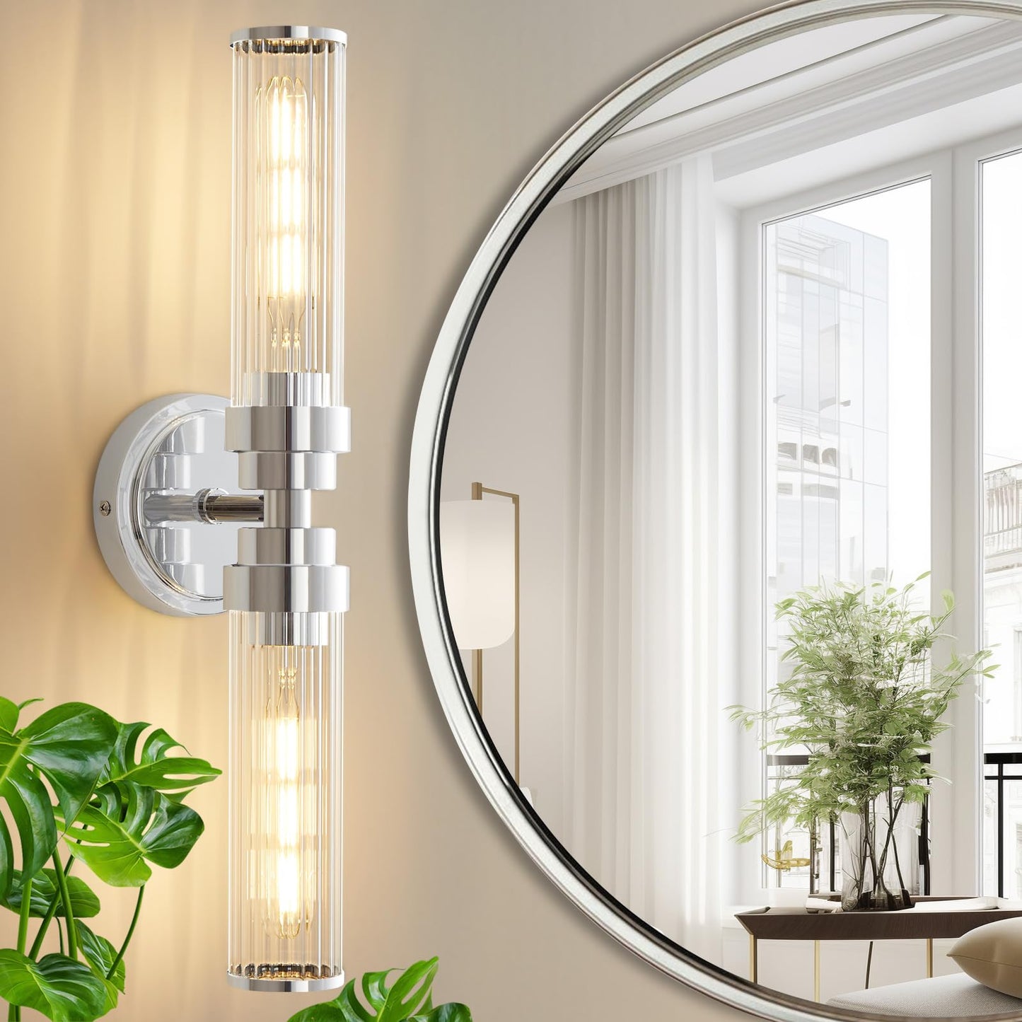 Vaziden Bathroom Light Fixtures  Chrome Wall Sconce In Threaded Glass Indoor Vanity Lights  Modern Bathroom Vanity Light Up And Down Sconces Wall Lighting For Bathroom  Living Room - Bulb Not Included