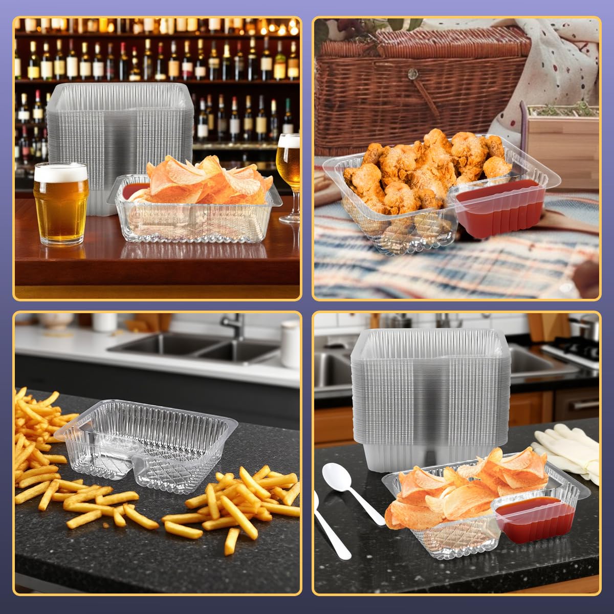 zandfelo 100 Pcs 12oz 6.5''x5'' Plastic Nacho Trays, Small Disposable Tray for Nachos & Cheese Dip, Clear Nacho Containers for Chip, 2 Compartment Movie Night Snack Trays Great for Snacks, Fair Foods