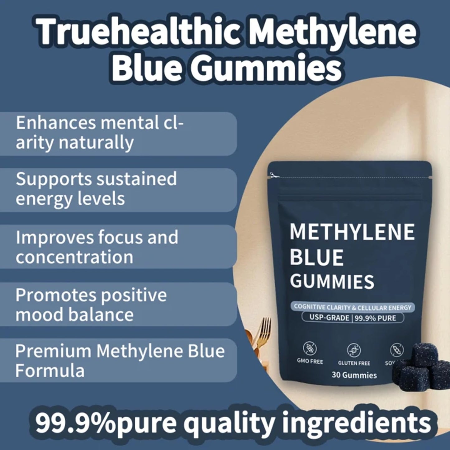 Truehealthic Methylene Blue Gummies, 5mg of Methylene Blue Per Gummy for Sustained Energy, Mental Clarity, Lifted Mood, 99.9% Pure, 30 Gummies (1Pc)