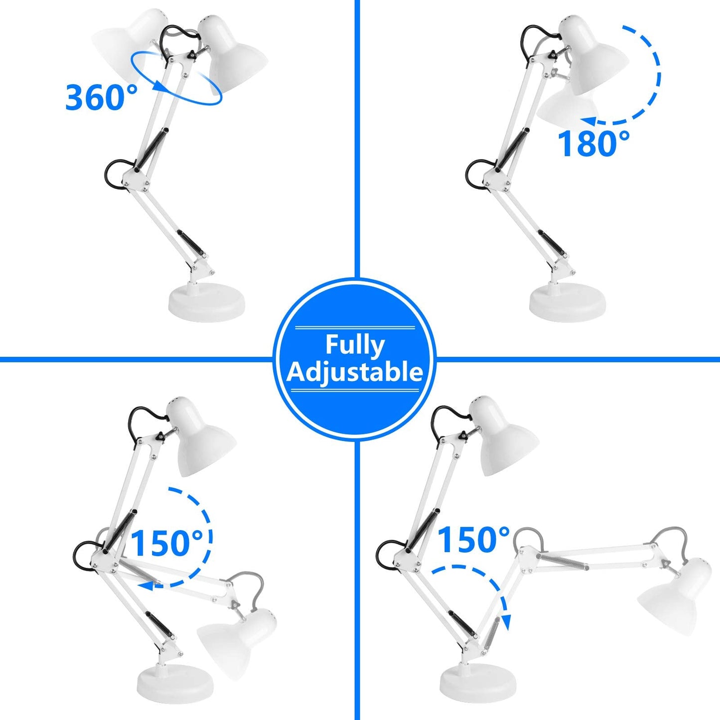 Ameritop Adjustable Metal Desk Lamp, Goose Neck Swing Arm, Eye-Caring, White