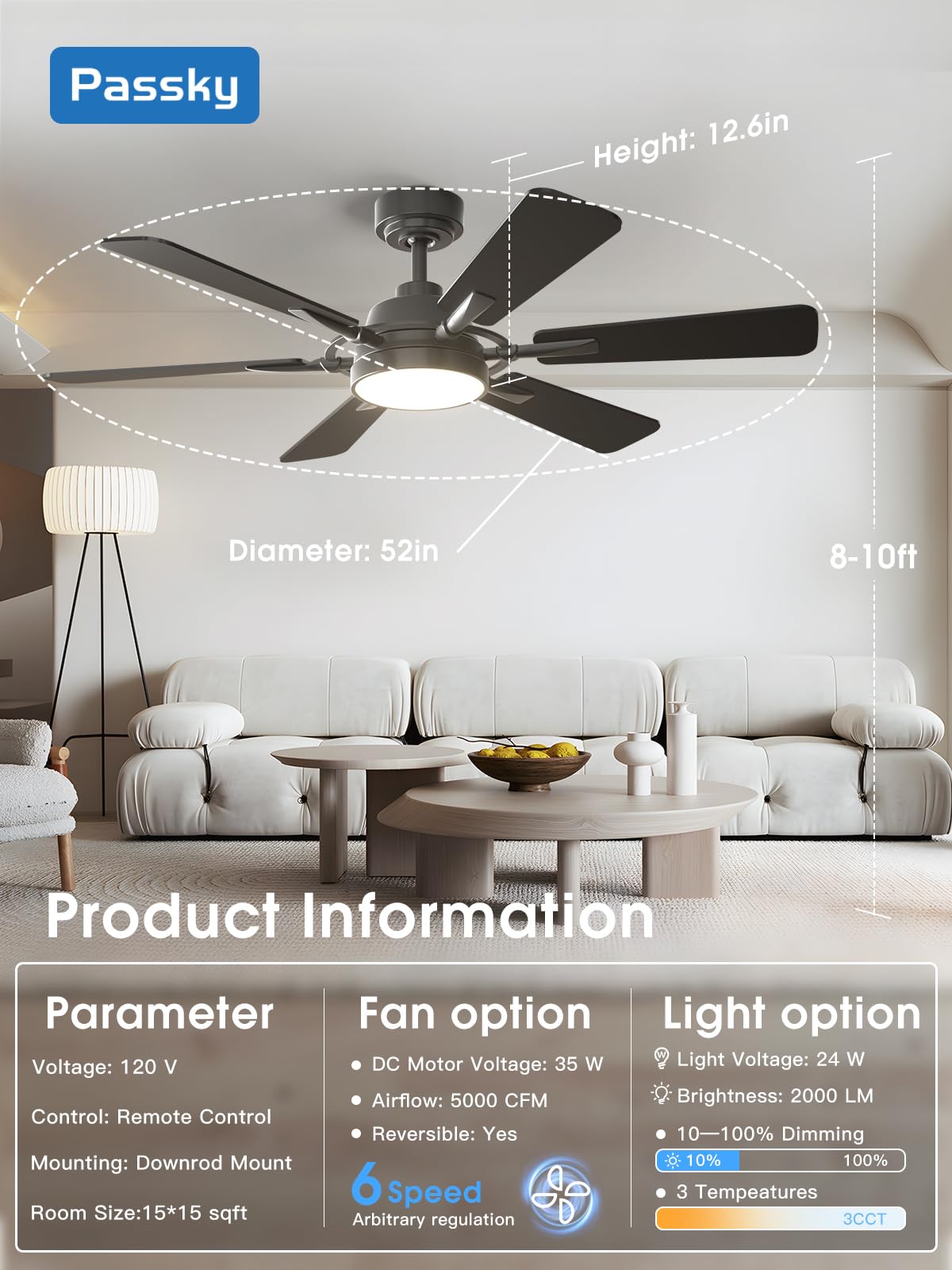 Passky Ceiling Fans With Lights, 52 Inch Ceiling Fan With Light And Remote Control, Reversible, Dimmable, 3Cct, Quiet, Black Mod