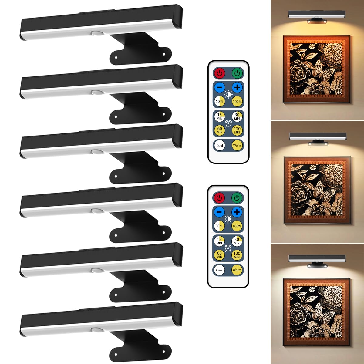 6Pack Wireless Picture Light For Wall Battery Operated Wall Sconces With Remote 3 Lighting Led discomfort-reducingting Light Timer&Dimmable Art Display Lights For Picture Gallery Posters Living Room Home Decor