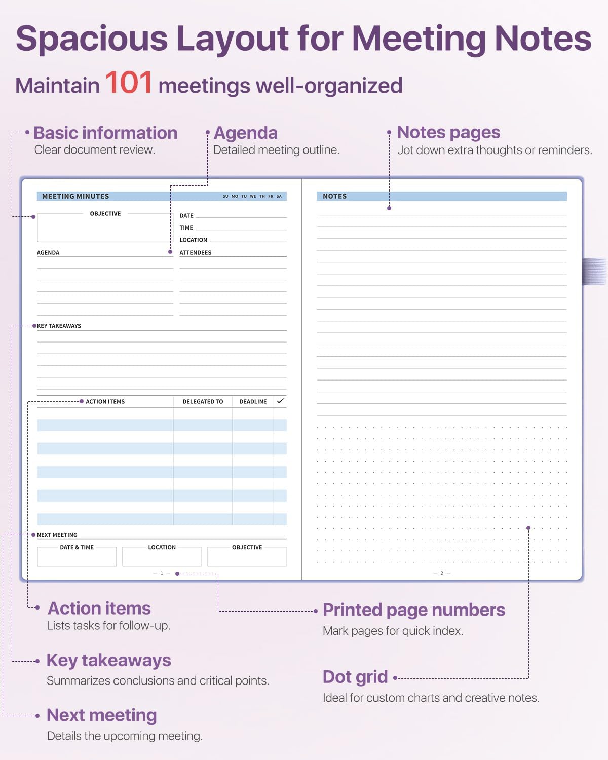 WEMATE Meeting Notebook for Work, Work Planner Notebook With Action Items, B5 Size Project Planner, Easily Take Meeting Notes & Keep Agendas on Track, Calender, Index Page, Inner Pocket, 7×10 Inch, Purple