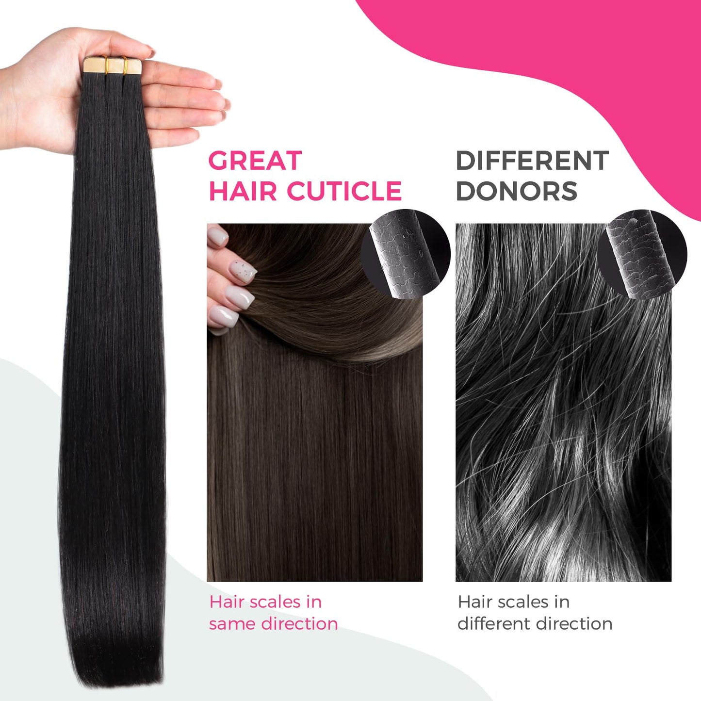 Lashey Tape in Hair Extensions Human Hair Yaki Straight 20pcs 50g Soft Invisible Double-Side Tape ins 14 Inch Natural Black for
