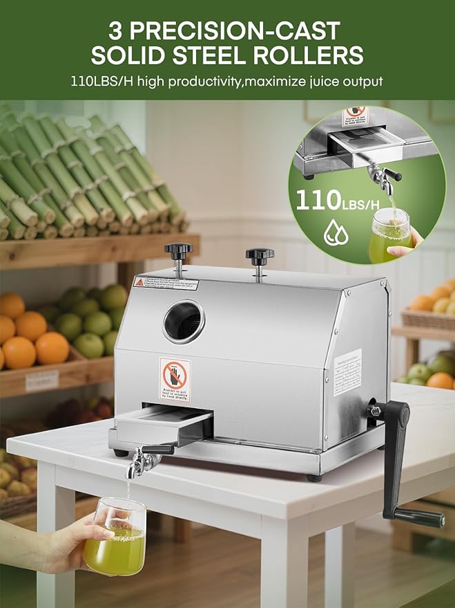 FOHERE Commercial Sugarcane Juicer, 110LBS/H High Output Sugar Cane Press with 3 Stainless Steel Rollers, 2.4" Large Inlet, Manual Sugarcane Juice Extractor Squeezer for Home/Commercial Use
