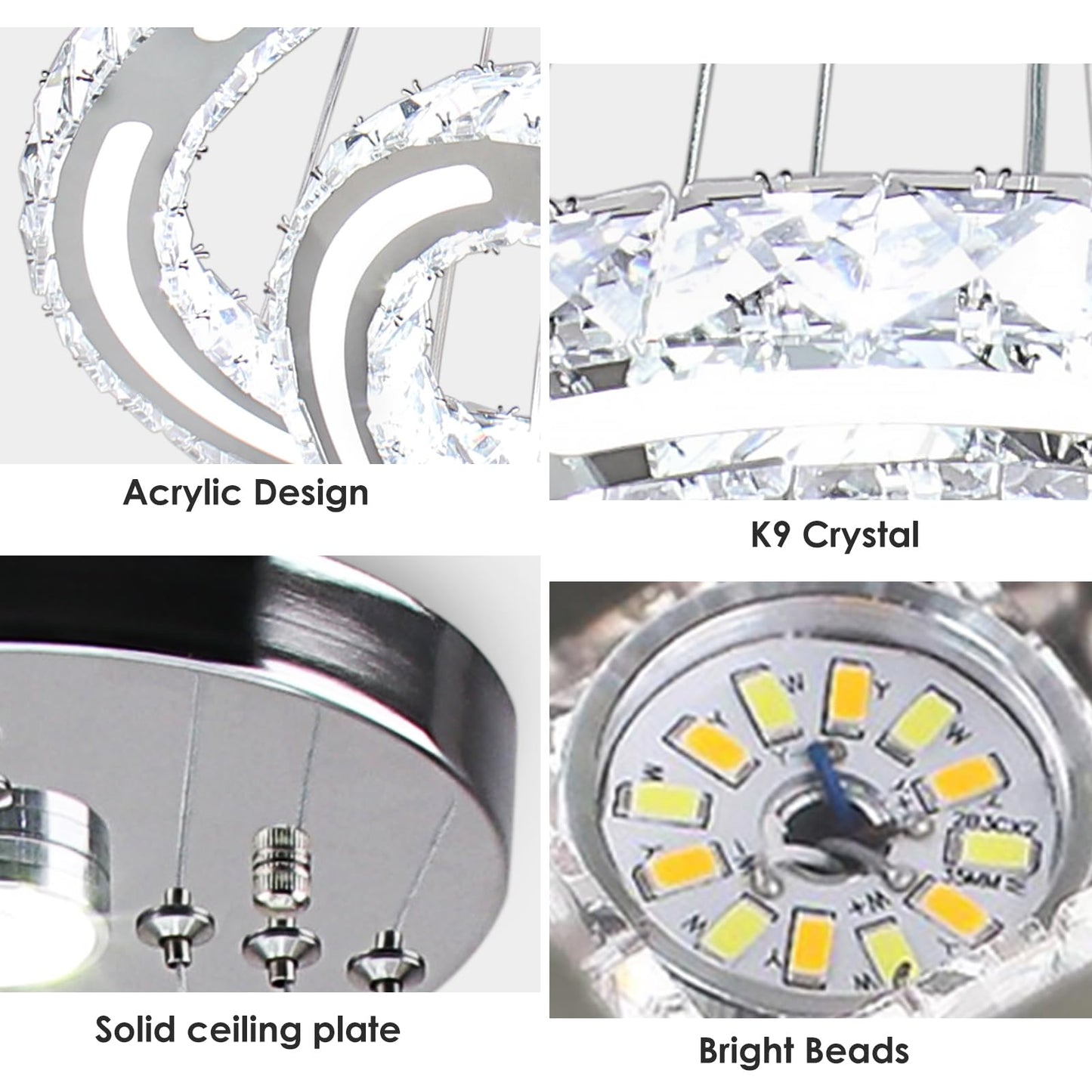 CXGLEAMING Modern Chandelier LED Pendant Light Fixture Dimmable 3 Rings Stainless Steel 250mm Base 209 Crystals