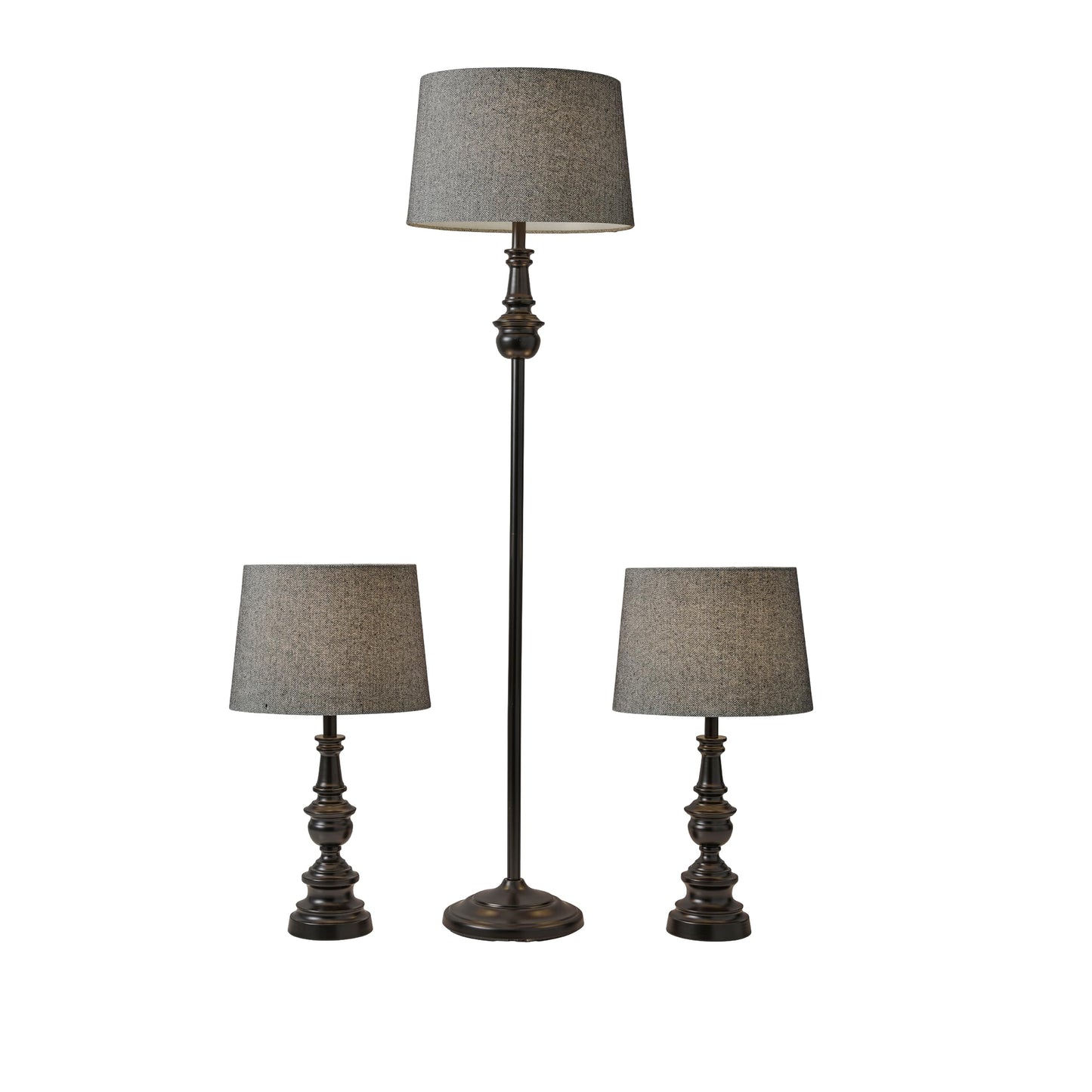 Adesso 3-Piece Lamp Set - Two Table Lamps & One Floor Lamp, Bronze Base, Dark Herringbone Shade, Model 1591-01, Gray