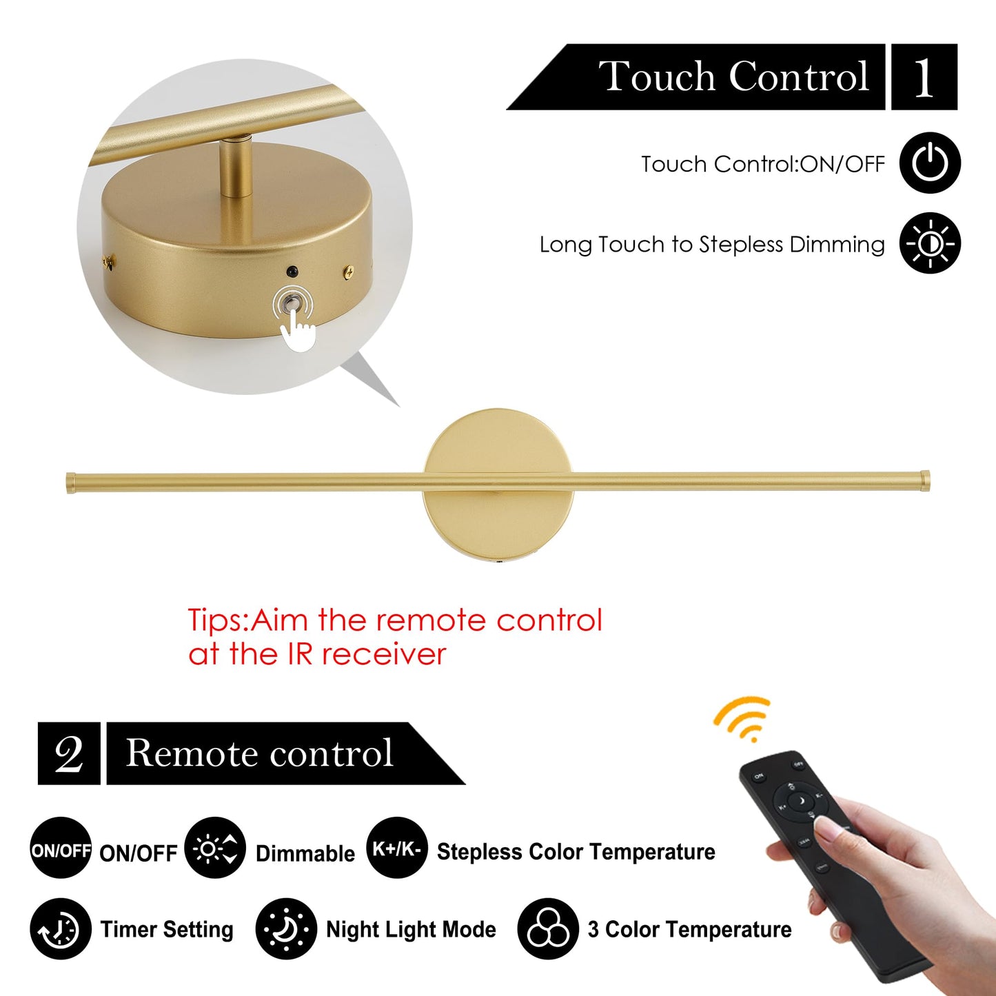 KARTOOSH Removable Battery Operated Wall Sconces, 350° Rotate, LED, 3 Color Temperatures, 24.4 Inch, Gold, Model ZM326BGD