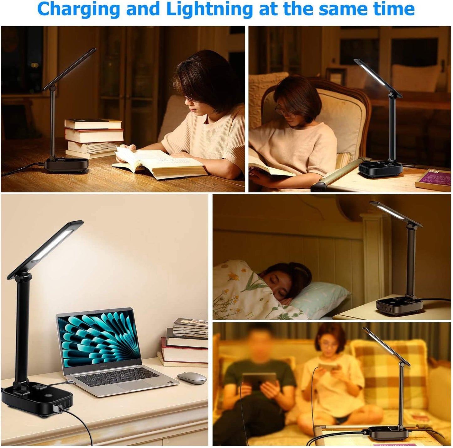 Yostyle LED Desk Lamp with 4 USB Ports, 2 AC Outlets, Touch Dimmer, Black, Model SPMKJ-07