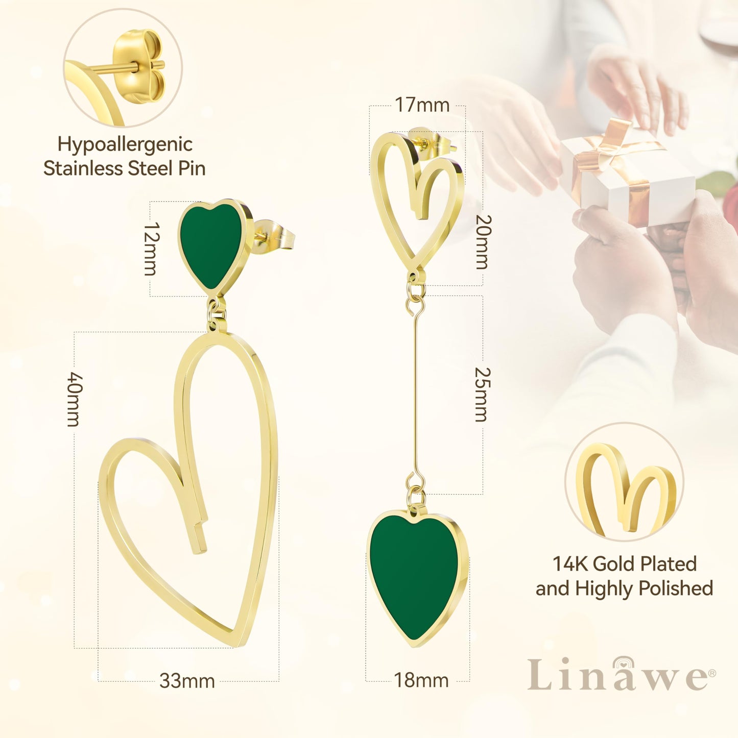 Linawe Gold Heart Earrings for Women Trendy, Emerald Green Dangle Drop Earrings, Titanium Stainless Steel Hypoallergenic Asymmet