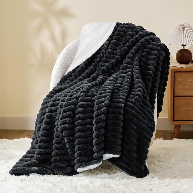 INFIIXSO Sherpa Throw Blanket for Couch - Super Soft & Warm Striped Fleece Blanket, Cozy Plush Fluffy Blanket All Season Use (Black, 60x80 Inches)