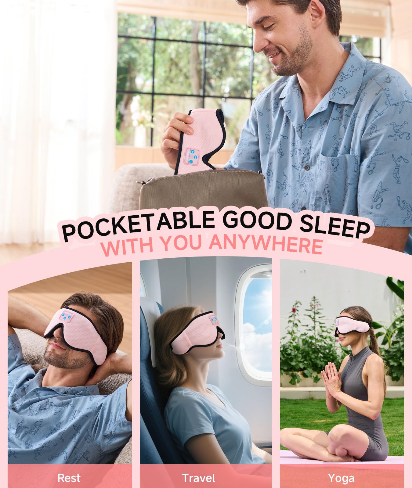 Voerou Sleep Headphones 3D Sleep Mask with Bluetooth 5.4 Headphones, Eye Maks for Sleep with Soft Breathable Fabric & HD Stereo Speakers, Cool Tech Gadgets Christmas Gift for Men Women Teen Boys Dad