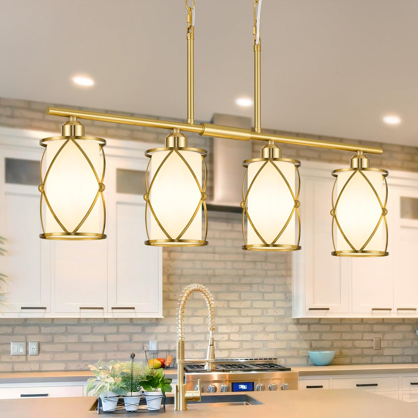 Osimir 4-Light Linear Kitchen Island Light Fixture, Brushed Gold with Milk Glass, Model CH9176BGW-4IS