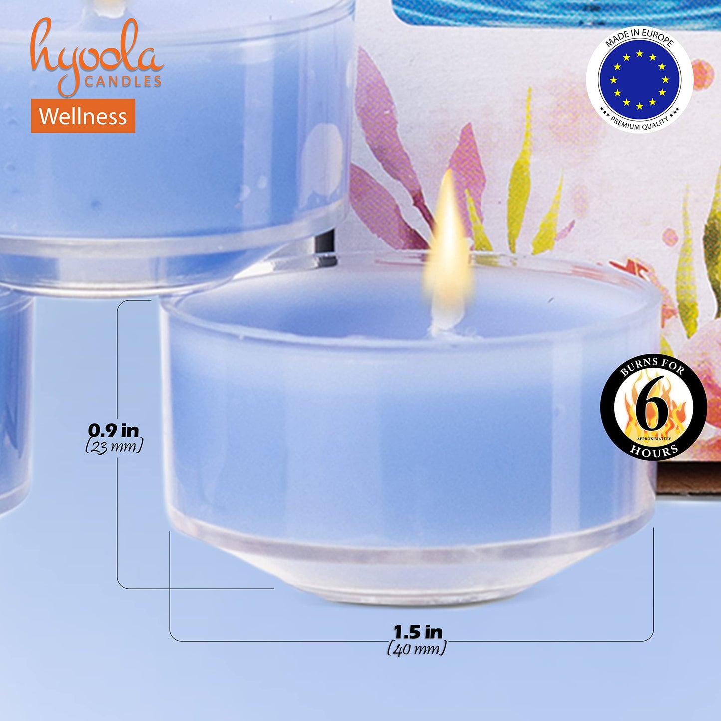 Hyoola Scented Tealight Candles - 15 Pack - 6 Hour Burn Time - Clear Cup - Wellness Light Blue - Model H10222 - Wax Material