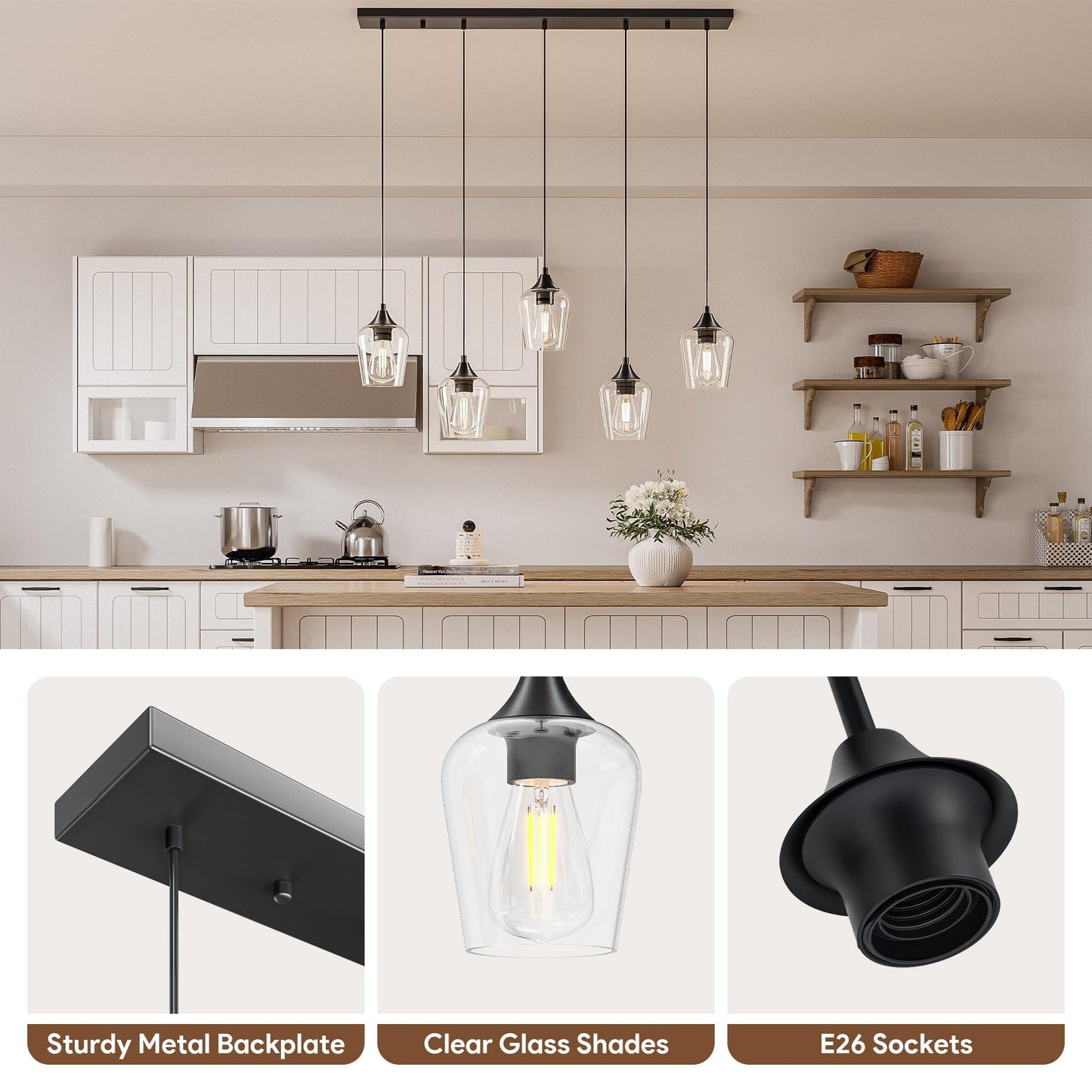 Vonluce 5-Light Pendant Light Kitchen Island  Pendant Light Fixture With 10-55 Height  Modern Pendant Lighting With Wine Glass Shades For Living Room Hallway  Matte Black  Etl Certificated