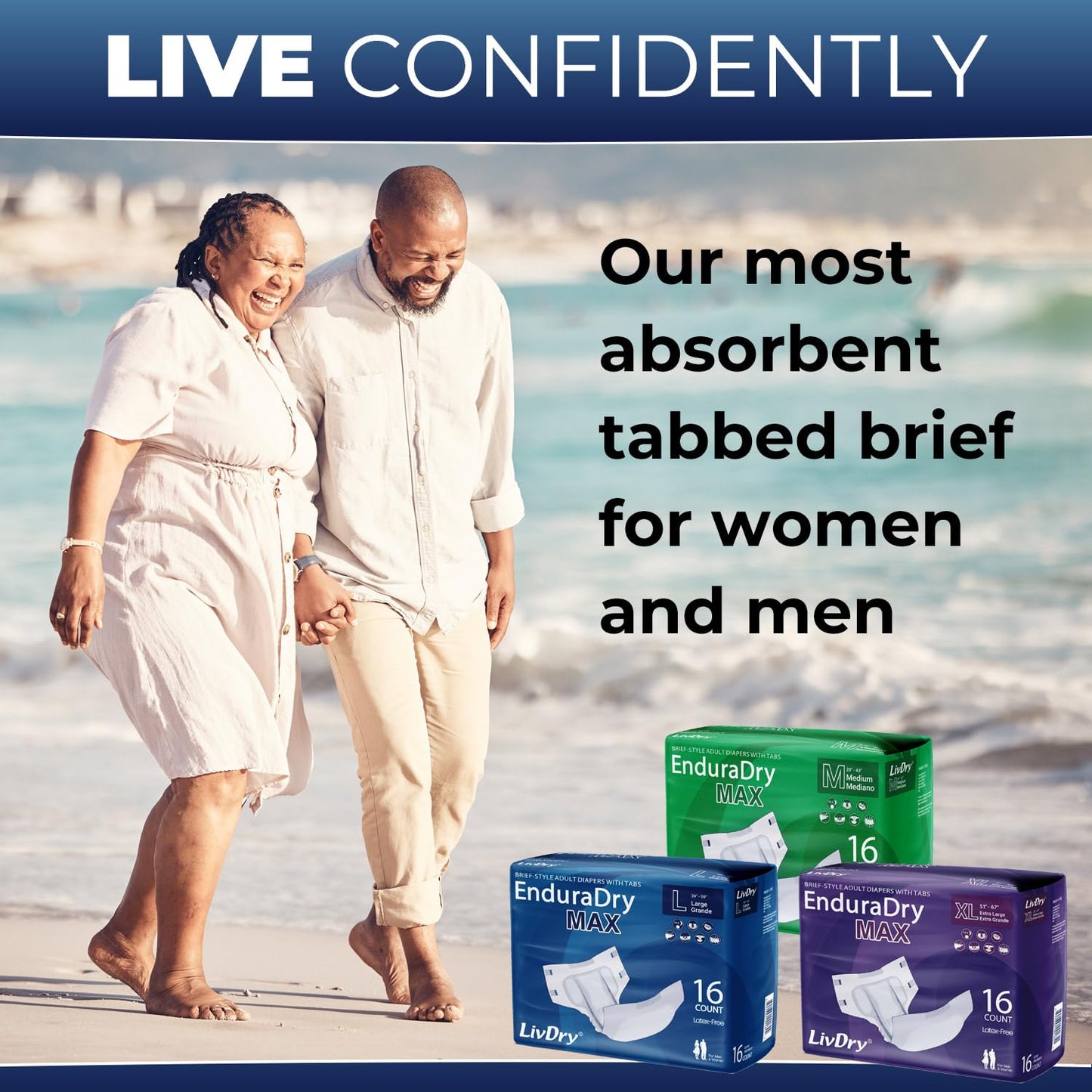 LivDry EnduraDry Max Adult Diapers with Tabs, Up to 12-Hours, Super Absorbent Incontinence Underwear, Leak Protection Briefs, Large, 48-Pack