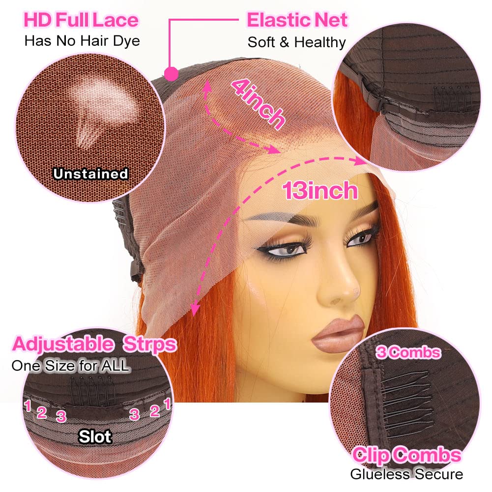 UCUVIC Ginger Lace Front Wigs Human Hair Bob Wig 13x4 Frontal Glueless Wigs Human Hair Pre Plucked, Color #350 Bob Wigs Ginger W