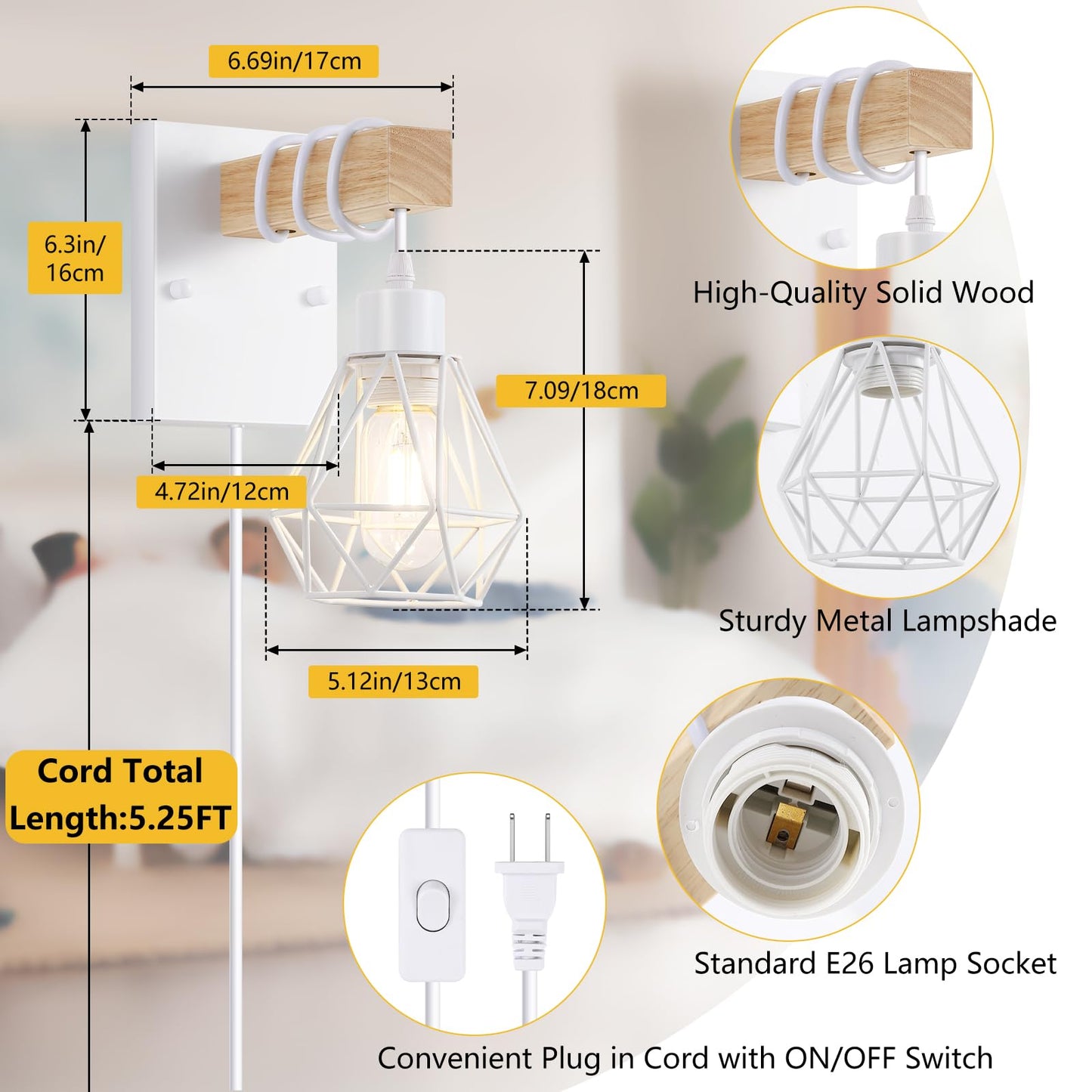 Lomoky White Plug In Wall Sconces Set Of Two  Modern Wall Lights With 5.25Ft Plug In Cord  Wooden Bedside Wall Lamps With Metal Shade  Industrial Wall Lighting Decor For Living Room  Hallway  Stairs