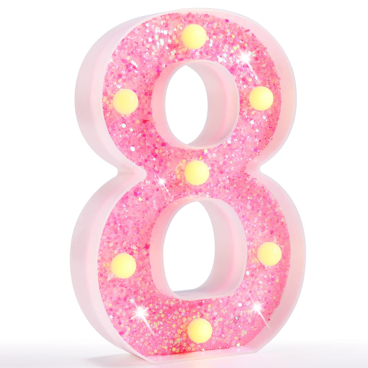 Pooqla Marquee Lighted Number 8, Pink LED Glitter Decoration for Birthday, Wedding, Christmas, Battery Powered