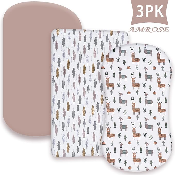 AMROSE 3 Pack Heavenly Soft Bassinet Sheets for Baby Universal Fitted for Various Cradle and Bassinet Mattress Pad, Silk Touch Gentle Breathable Microfiber, Alpaca & Feather