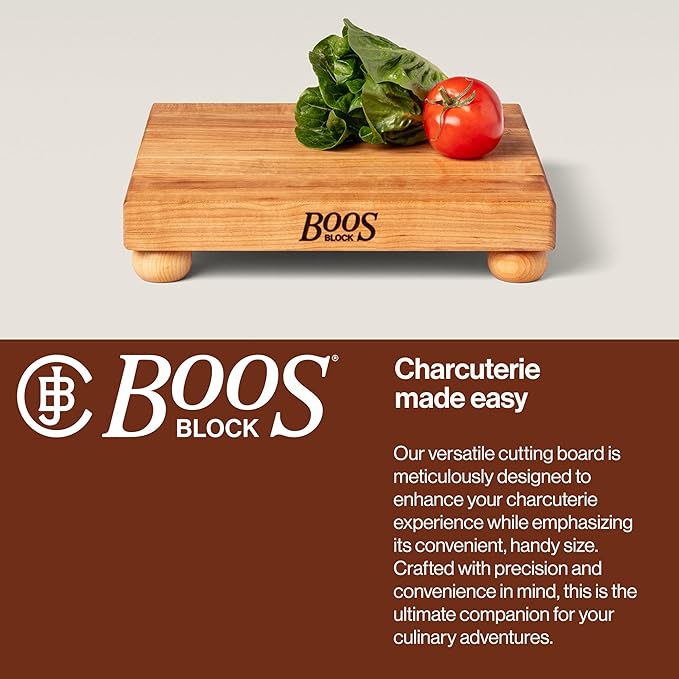 John Boos B Series Square Wooden Maple Cutting Board 12”x12” – 1.5” Thick, 6-lb Non-Reversible Butcher Block with Wood Bun Feet & Edge-Grain