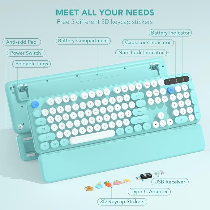 Wireless Keyboard, Round Keycaps, Retro Typewriter Keyboard with Detachable Wrist Rest, Sleep Mode, Foldable Legs, 2.4GHz Full-Size Cordless Computer Keyboard for Windows/PC/Laptop (Tiffany Blue)