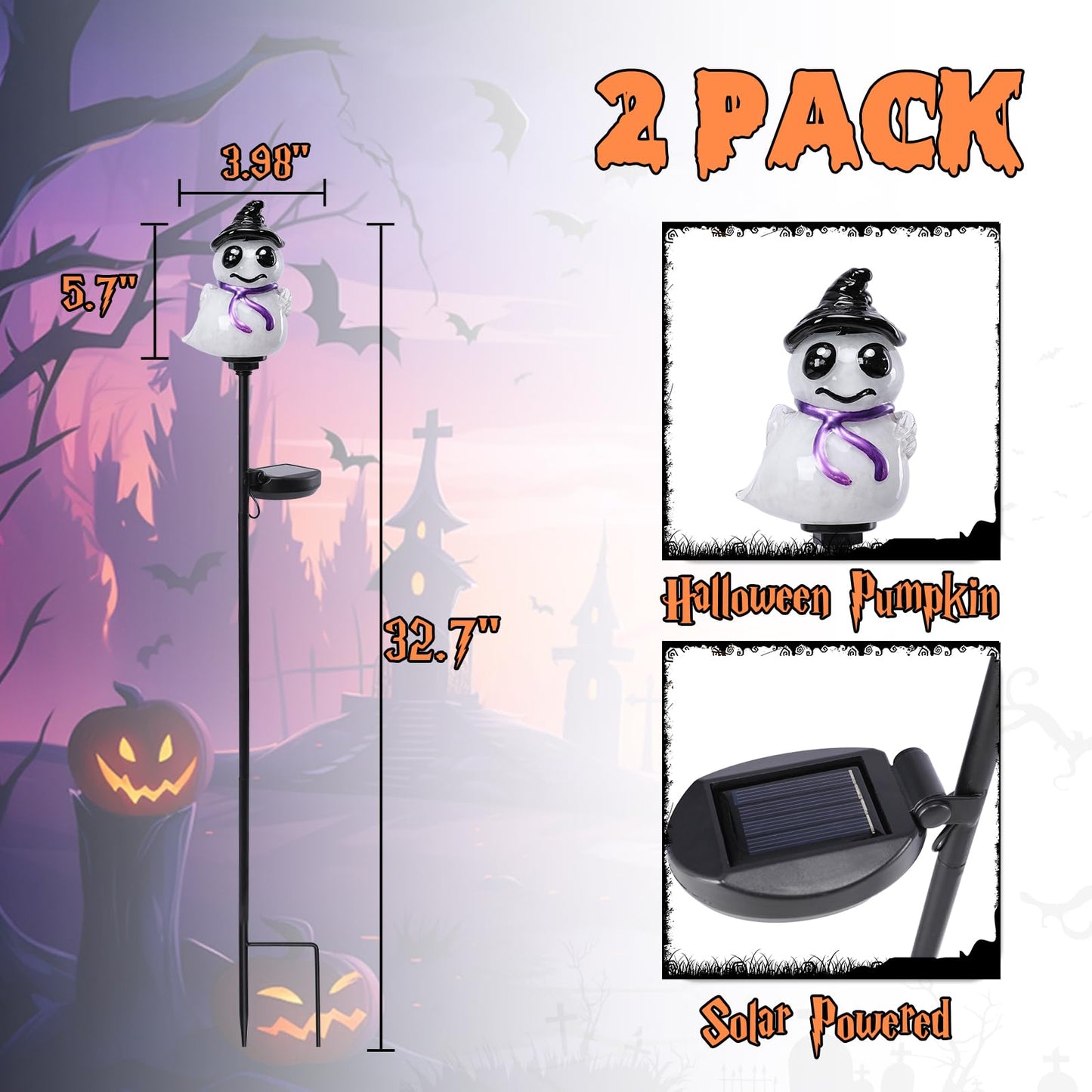 Bshine 2 Pack Halloween Ghost Solar Lights Hand Blown Glass Waterproof Outdoor Halloween Decorations Solar Led Decor