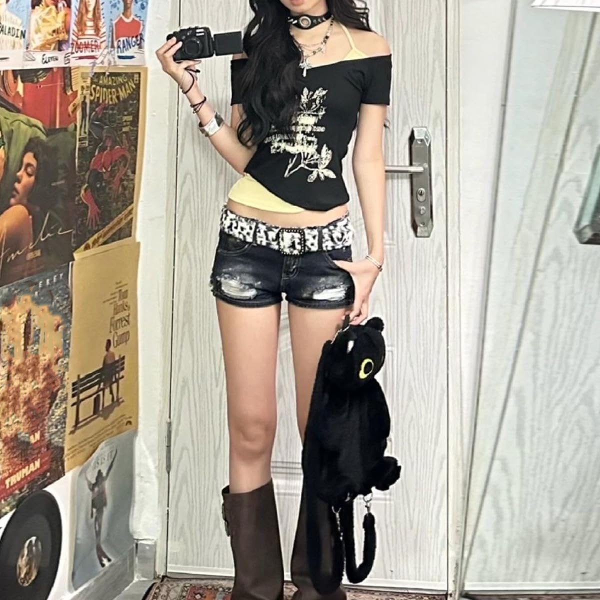 Emo Grunge Shirts Women 2000s Graphic Baby Tees Fake Two Piece Short Sleeve Vintage Y2k Crop Top Goth Alt Clothes (Grey Black,S,Small)