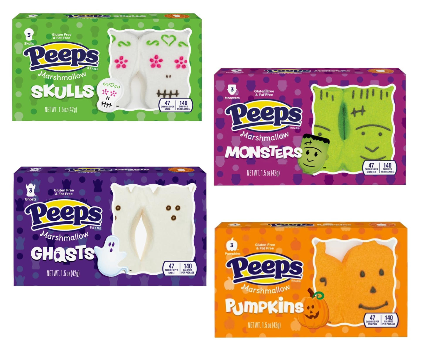 Peeps Halloween Peep Variety Pack of Marshmallows  Delicious Classic  with One Packet Each  Skulls  Pumpkins  Monsters and Ghosts (Pack of 4)